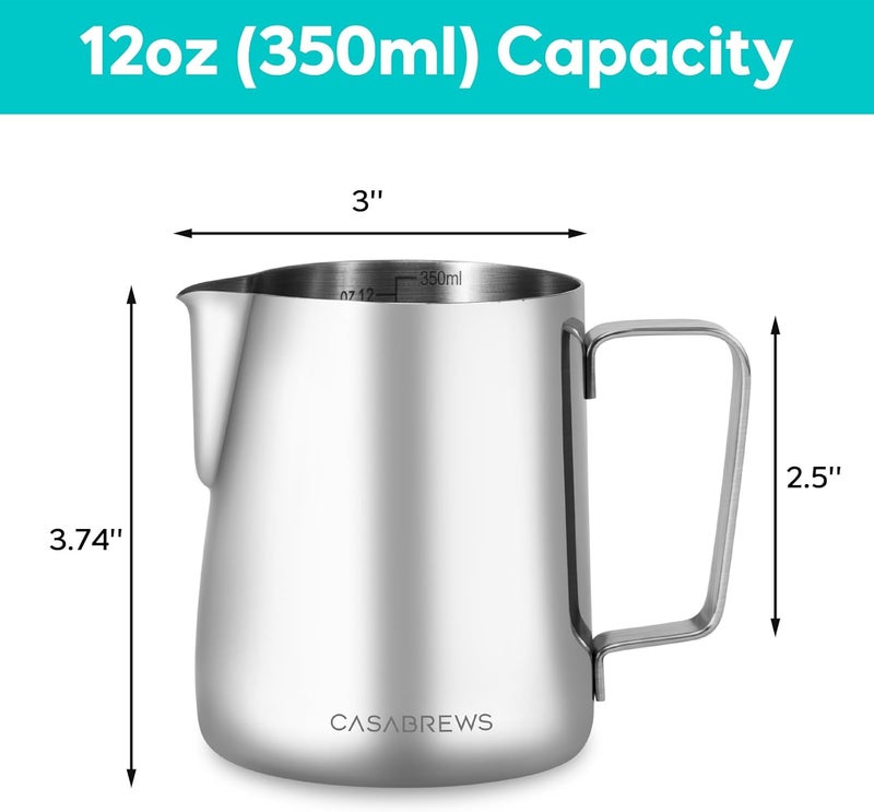CASABREWS وعاء رغوة الحليب CASMP350، وعاء بخار من الفولاذ المقاوم للصدأ مع فوهة حادة، 350 مل (12 أونصة) لكوب رغوة الحليب لفن الكابتشينو أو اللاتيه، ملحقات آلة الإسبريسو للبارستا - Image 5